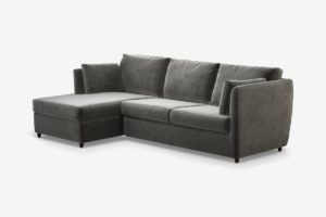 Milner Ecksofa mit Schlaffunktion, Bettkasten und Memoryschaummatratze (Recamiere links), Samt in Stahlgrau - MADE.com