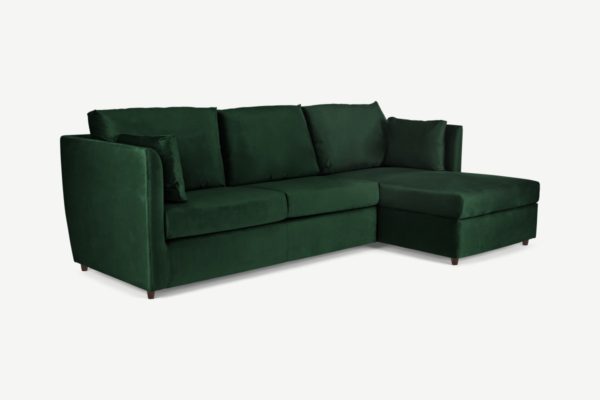 Milner Ecksofa mit Schlaffunktion, Bettkasten und Memoryschaummatratze (Recamiere rechts), Samt in Flaschengruen - MADE.com