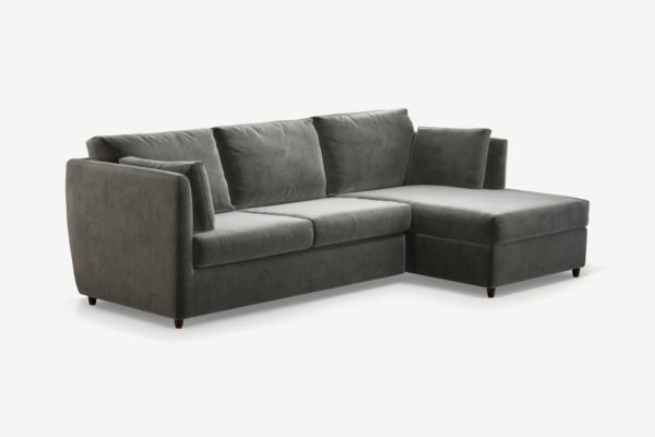 Milner Ecksofa mit Schlaffunktion, Bettkasten und Memoryschaummatratze (Recamiere rechts), Samt in Stahlgrau - MADE.com