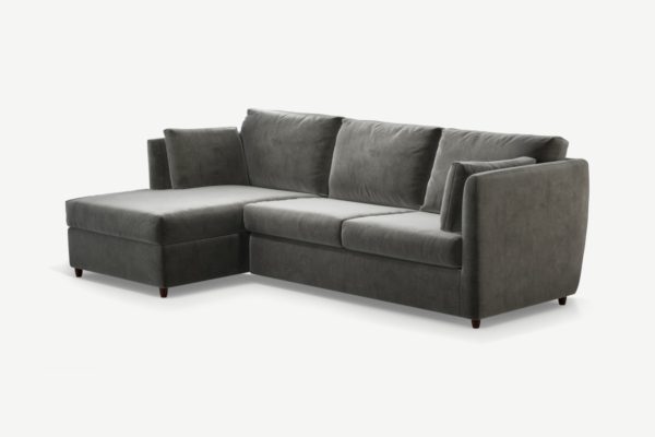 Milner Ecksofa mit Schlaffunktion und Bettkasten (Recamiere links), Samt in Stahlgrau - MADE.com