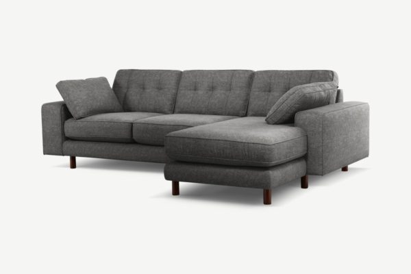 Atkinson Ecksofa (Recamiere rechts), strukturierter Webstoff in Schiefergrau und dunkles Holz - MADE.com